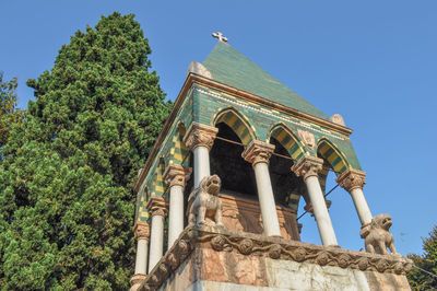 Low angle view of building against clear blue sky