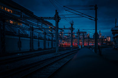 Railroad tracks against sky at dusk