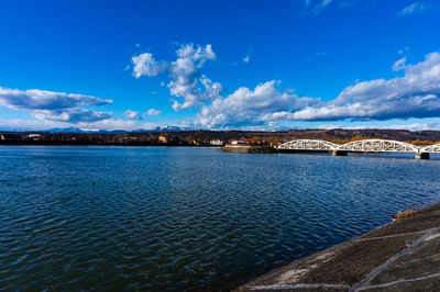 Scenic view of river against blue sky