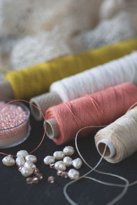 Close-up of colorful thread spools