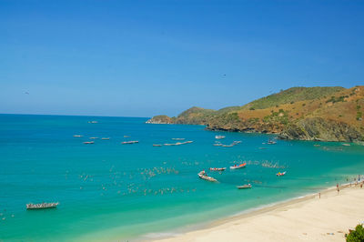 Scenic view of sea against clear blue sky