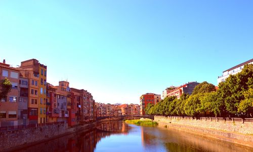 River amidst city against clear blue sky