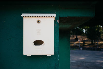 Close-up of mailbox on wall