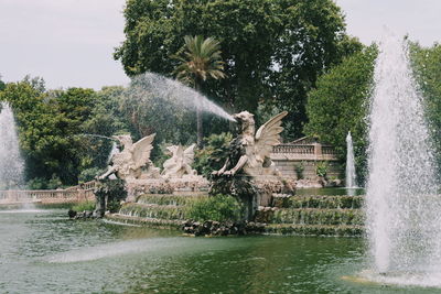 Fountain in lake against trees