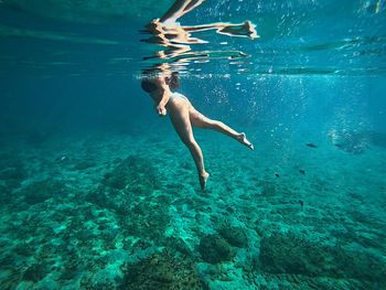 Low section of woman swimming undersea