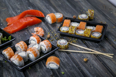 High angle view of sushi on table