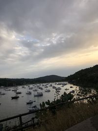 High angle view of river against sky at sunset