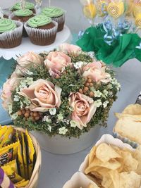 High angle view of bouquet on table
