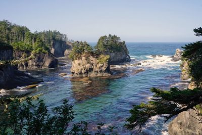 Scenic view of sea and rocks against clear sky