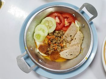 High angle view of breakfast served on table