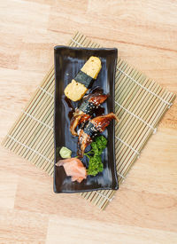 High angle view of sushi in plate on table