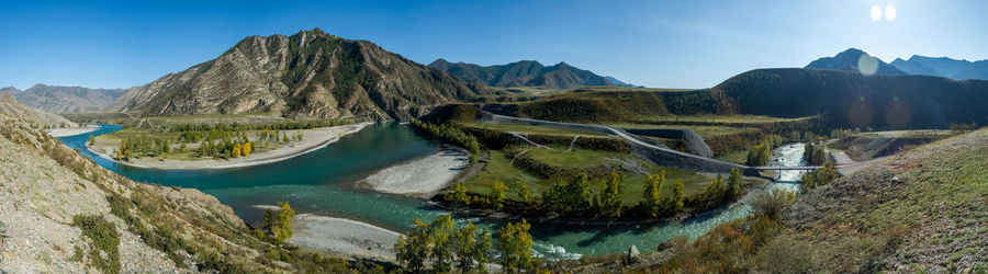 Panoramic view of lake and mountains against sky