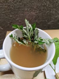 High angle view of soup in bowl on table