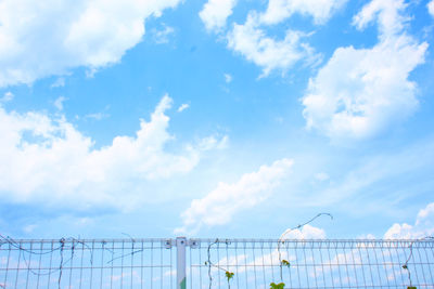 Low angle view of barbed wire fence against sky