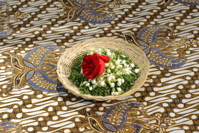 High angle view of fruit salad in bowl on table