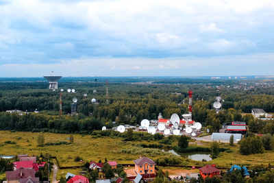 High angle view of buildings against sky