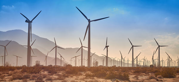 Wind turbines on field against sky