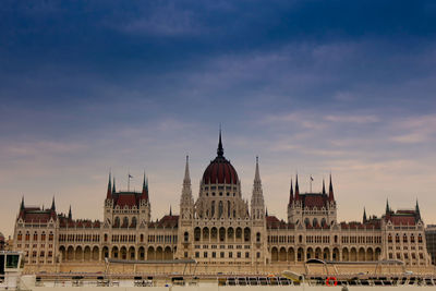 Hungarian parliament building in city against sky during sunset