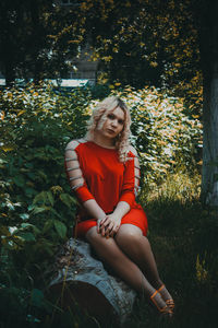 Full length portrait of beautiful woman sitting on log in park