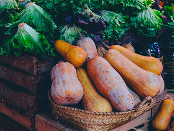 High angle view of squashes in basket at market