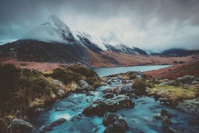 Scenic view of snowcapped mountains against sky