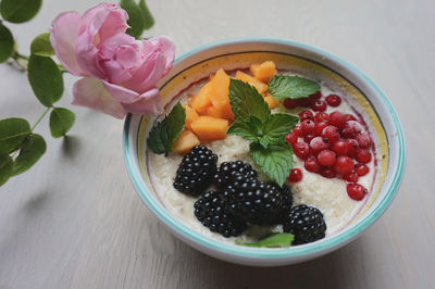 Close-up of strawberries in bowl on table
