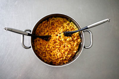 High angle view of breakfast on table