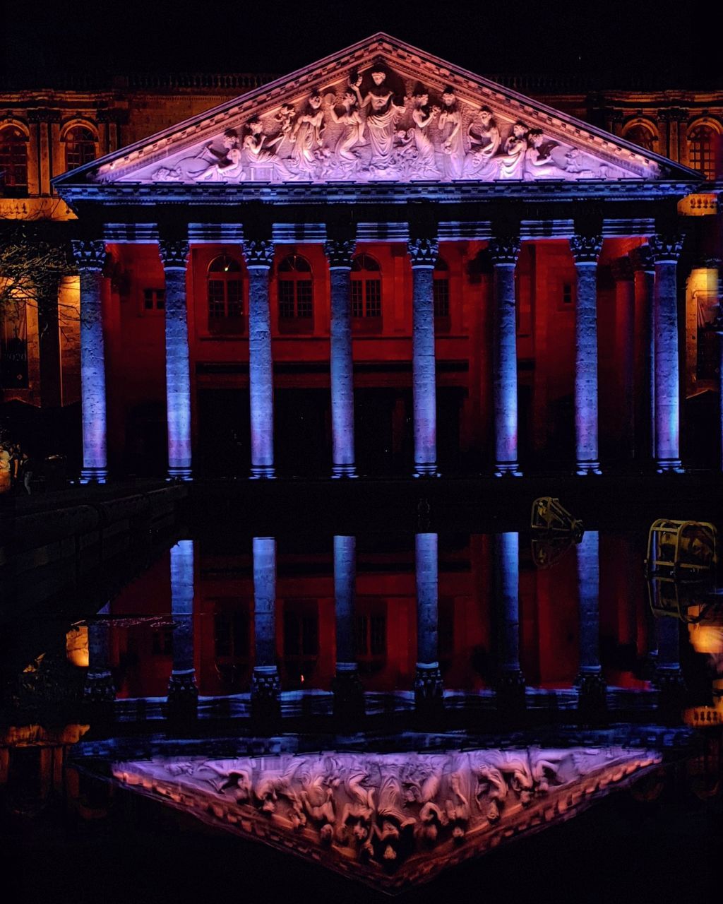 built structure, architecture, illuminated, night, architectural column, building exterior, no people, travel destinations, nature, building, outdoors, blue, reflection, dusk, water, travel, tourism, roof