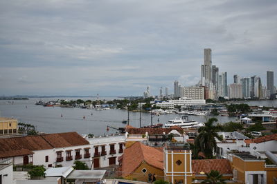 High angle view of city against cloudy sky