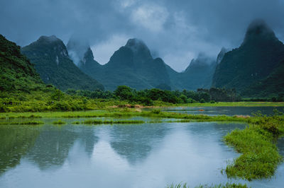 Scenic view of lake and mountains against sky