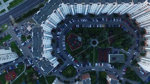 High angle view of street amidst buildings in city