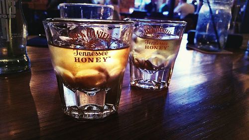 Close-up of beer glass on table