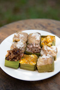 High angle view of food in plate on table