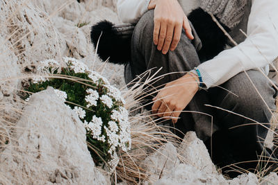 Low section of people on snow covered plants