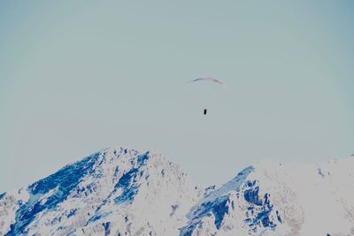 Low angle view of person paragliding on snowcapped mountain against sky