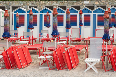 Empty benches and tables on beach