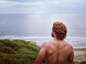 Rear view of shirtless man looking at sea