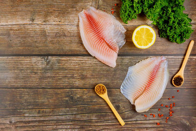 High angle view of fish on table