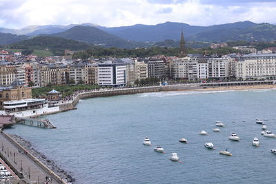 High angle view of sea and cityscape against sky