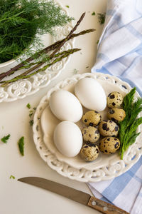 High angle view of eggs in plate on table