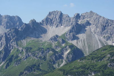 Panoramic view of snowcapped mountains against clear sky