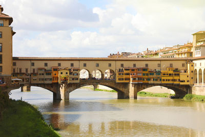 Bridge over river in city against sky