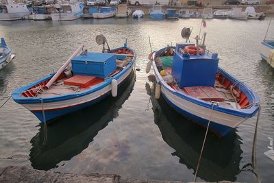 High angle view of boats moored in sea