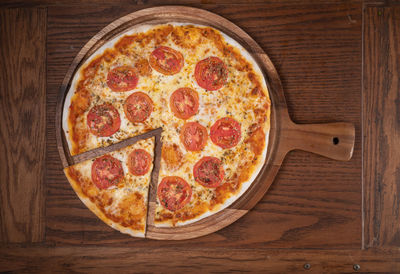 High angle view of pizza on table