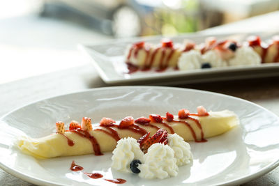 Close-up of dessert served in plate on table