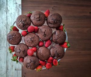 High angle view of strawberries on table