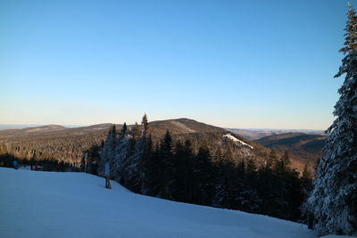 Scenic view of snowcapped mountains against clear blue sky