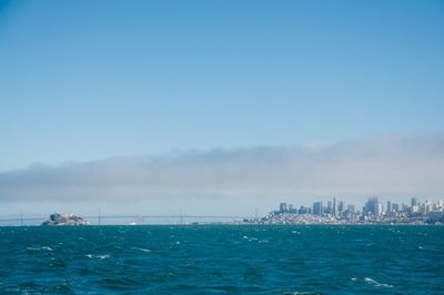 Scenic view of sea against blue sky