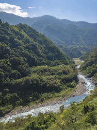 High angle view of waterfall amidst trees and mountains