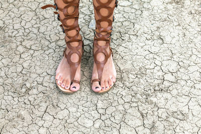 Low section of woman standing on cobblestone street